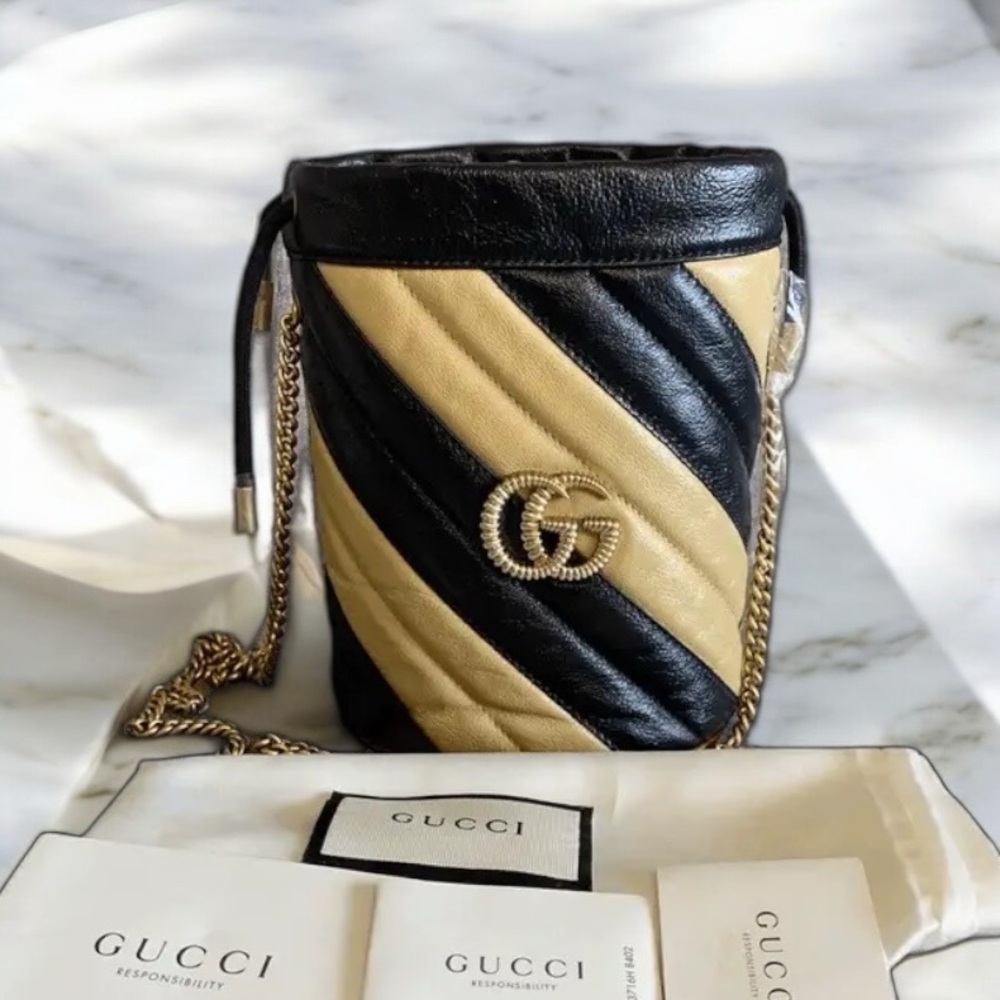 Gucci GG Marmont Torchon Crossbody Bucket Bag Leather Beige Black Drawstring